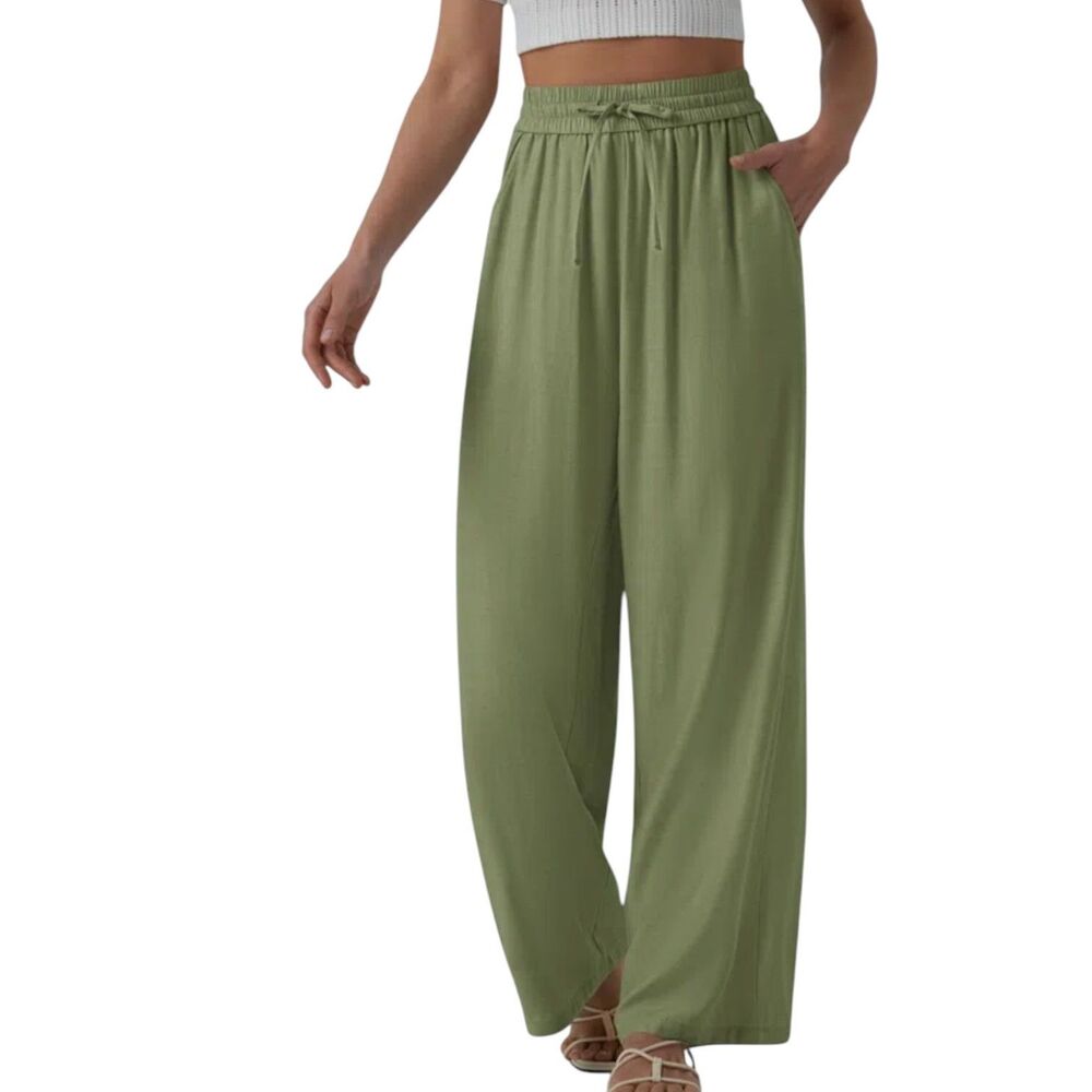 Halara High Waist Wide Leg Pants Pull On Drawstring Loden Green XS